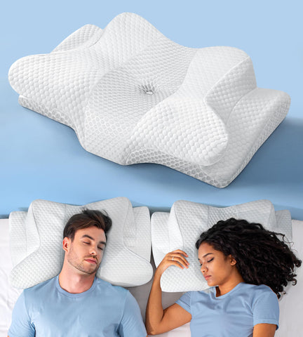 Emircey front packaging showing white ergonomic pillow and benefits