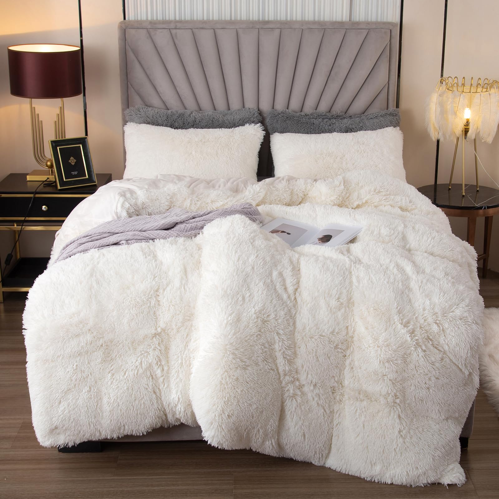 EMME front view of white fuzzy duvet cover showing plush look and warmth