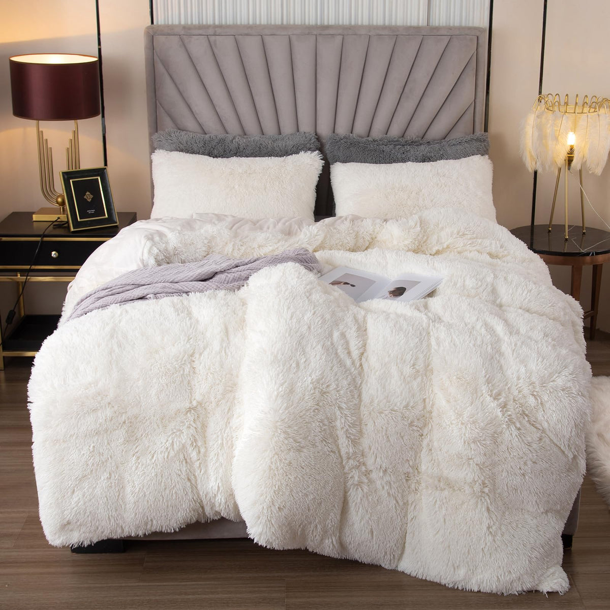 EMME front view of white fuzzy duvet cover showing plush look and warmth