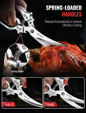 Emojoy poultry shear in action cutting through chicken joint for faster meal prep