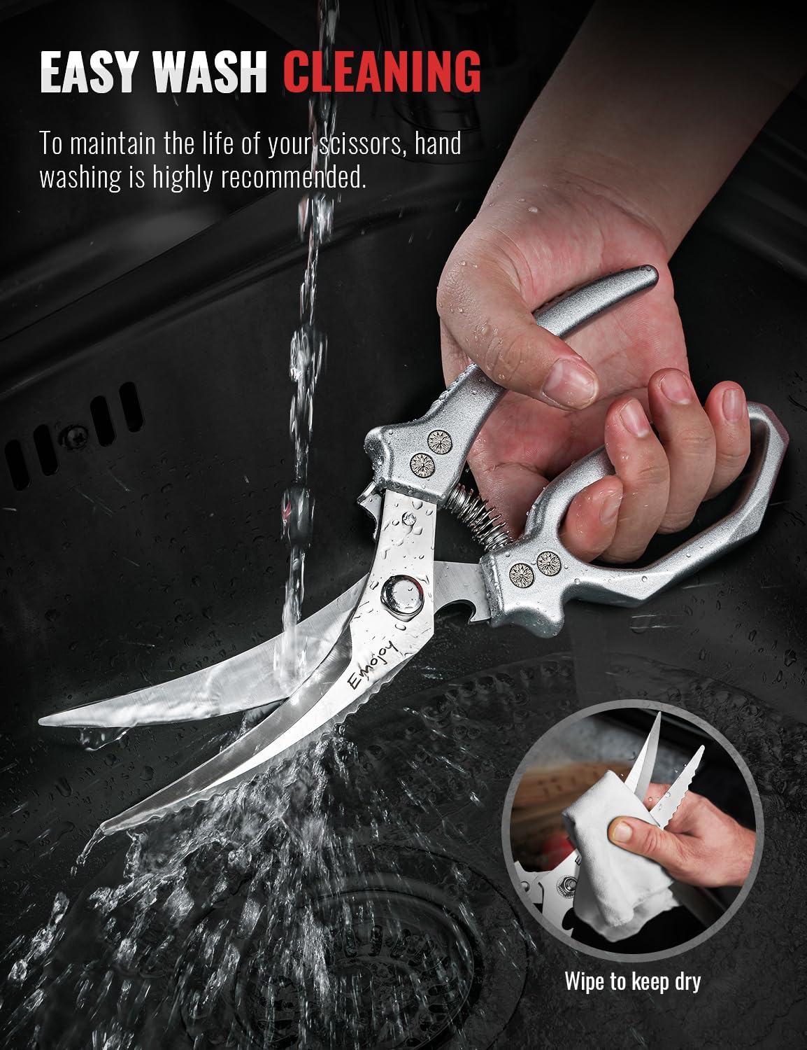 Emojoy safety lock and handle detail demonstrating secure one-handed storage benefit