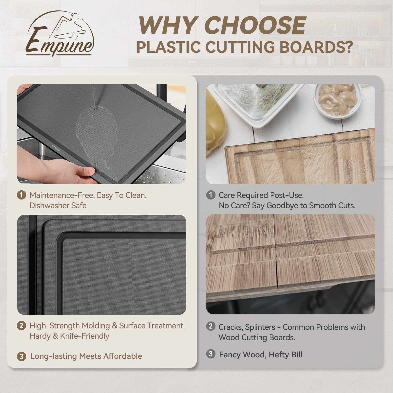 Empune kitchen scene with board in use showing stable prep and tidy workspace