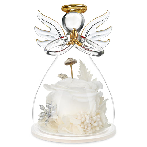 encavy front view angel figurine showing clear glass and white rose, elegant display benefit