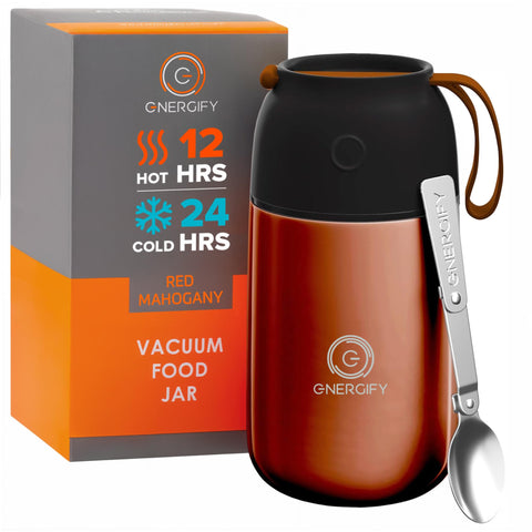 ENERGIFY front view in red mahogany showing sleek insulated jar and included spoon for portability
