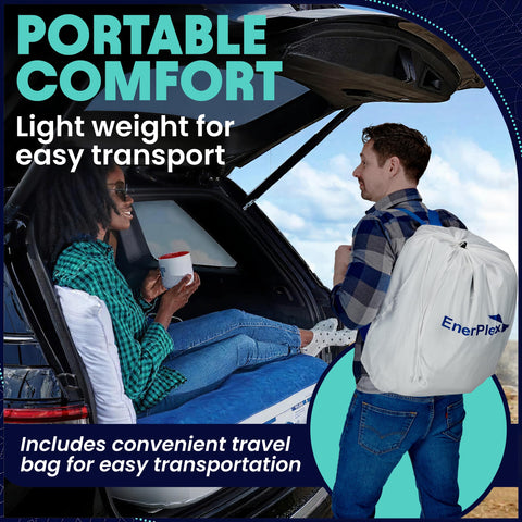 EnerPlex inflated mattress inside tent showing camping-ready convenience benefit