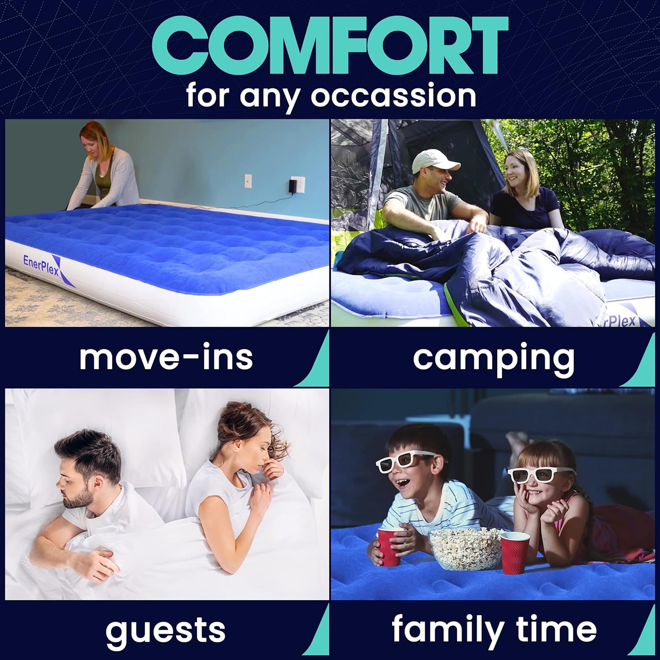 EnerPlex inflated mattress inside tent demonstrating campsite comfort and convenience benefit