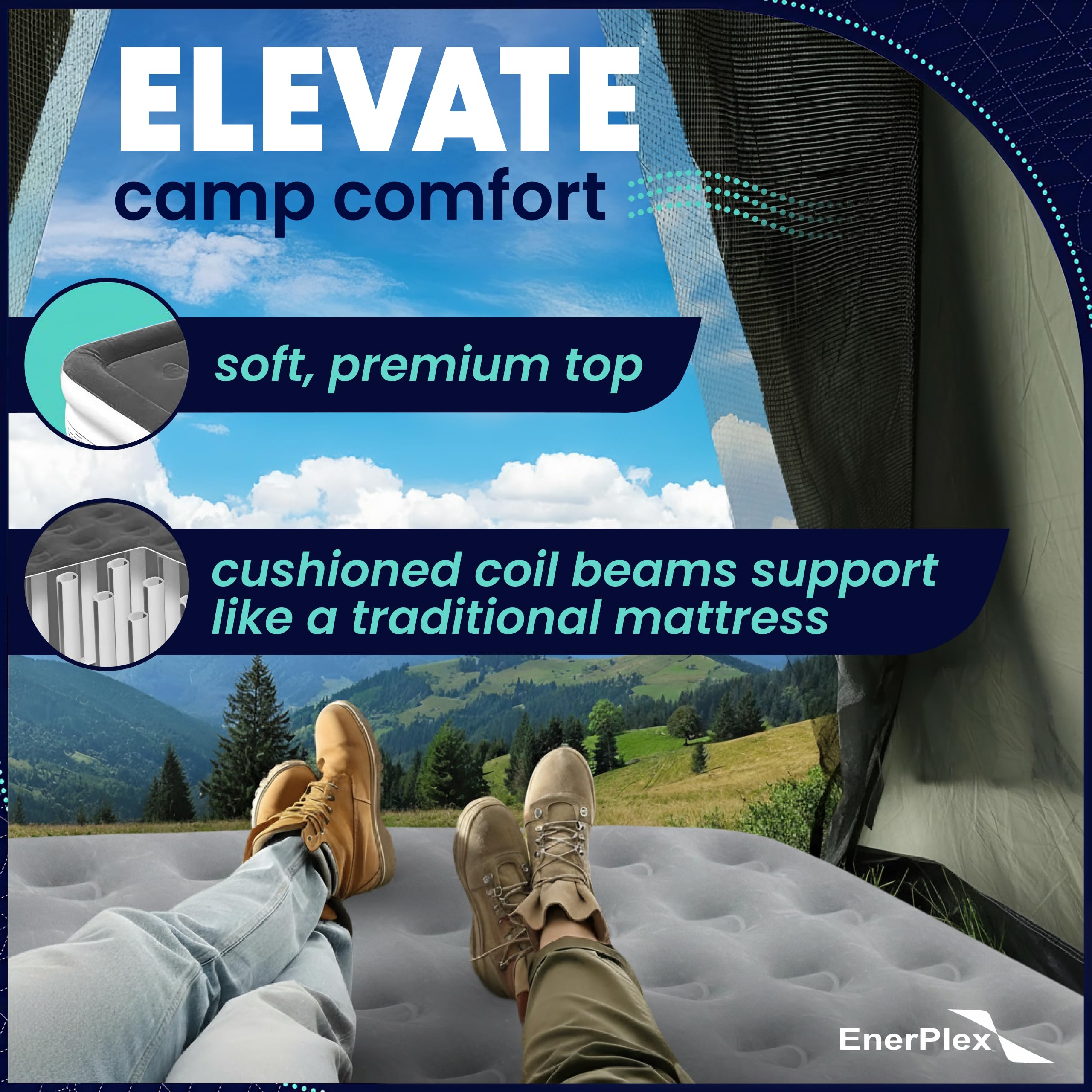 EnerPlex mattress on campsite at dusk showing durable outdoor use and restful sleep benefit