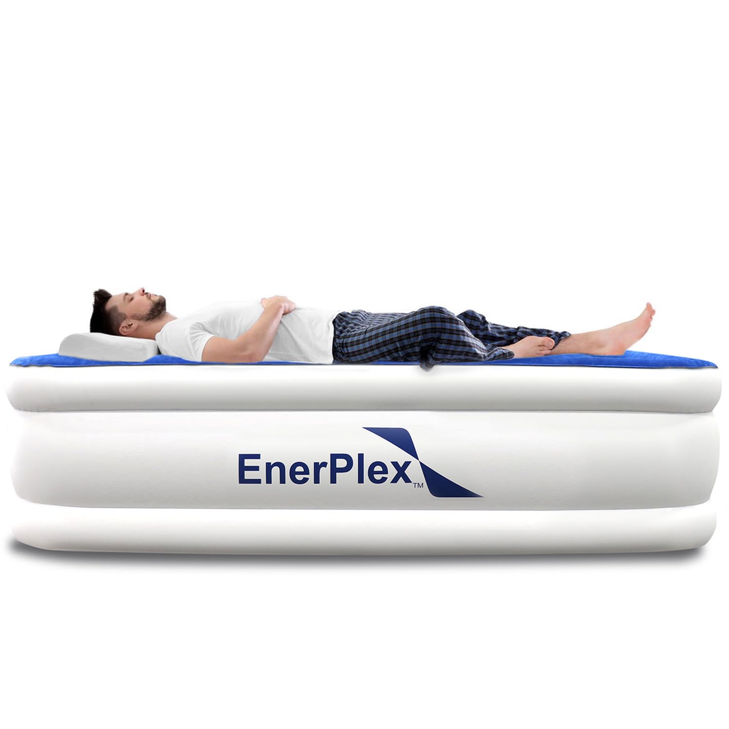 EnerPlex queen air mattress front view showing full-size comfort and quick setup benefit