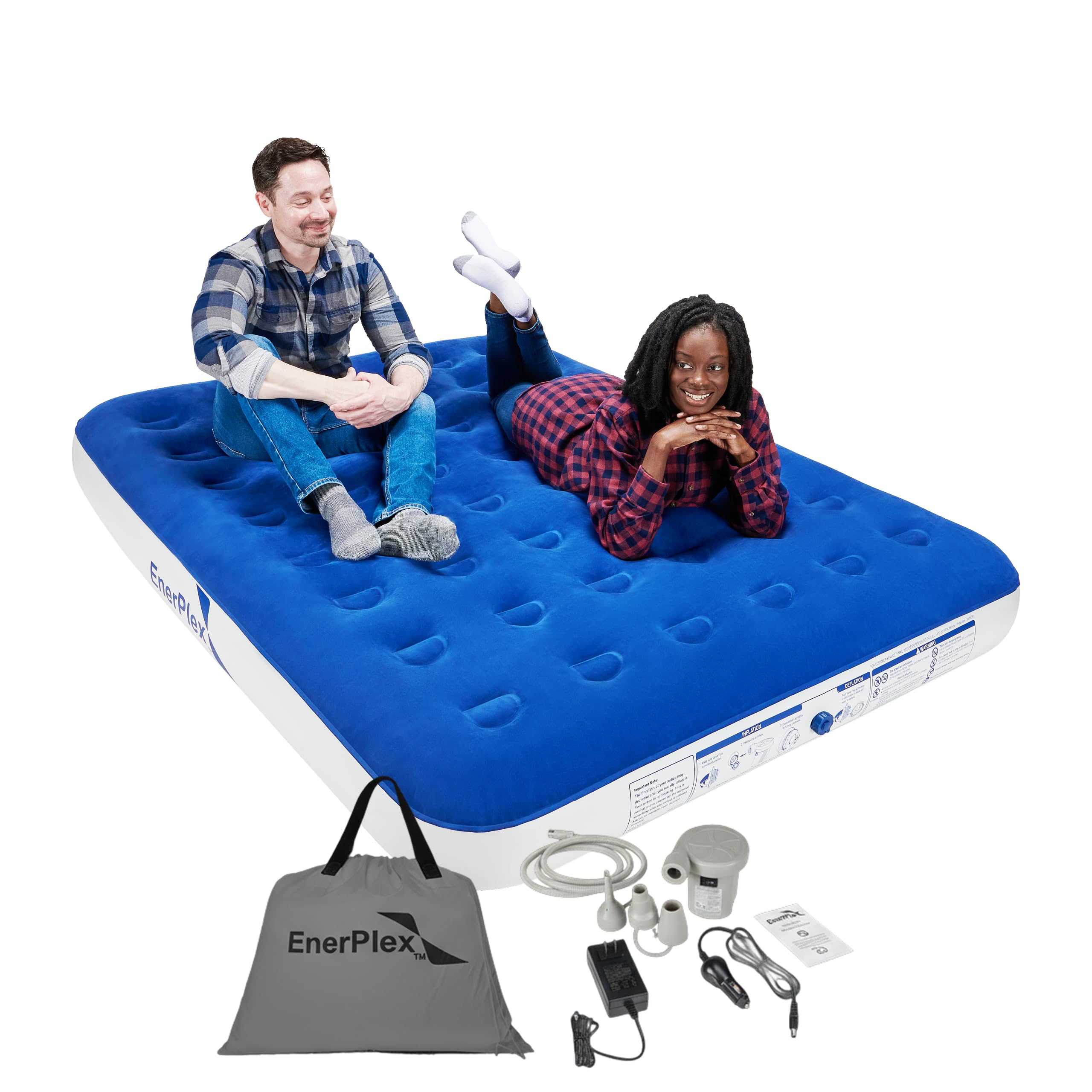 EnerPlex queen front view showing mattress and packaging, quick setup benefit