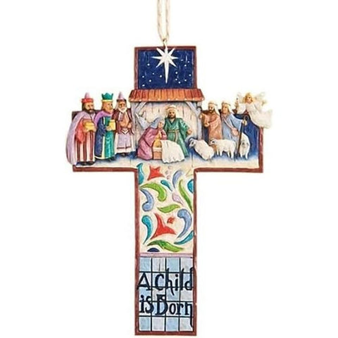 Enesco Jim Shore ornament front view showing nativity scene and vibrant hand-painted detail for decorative impact