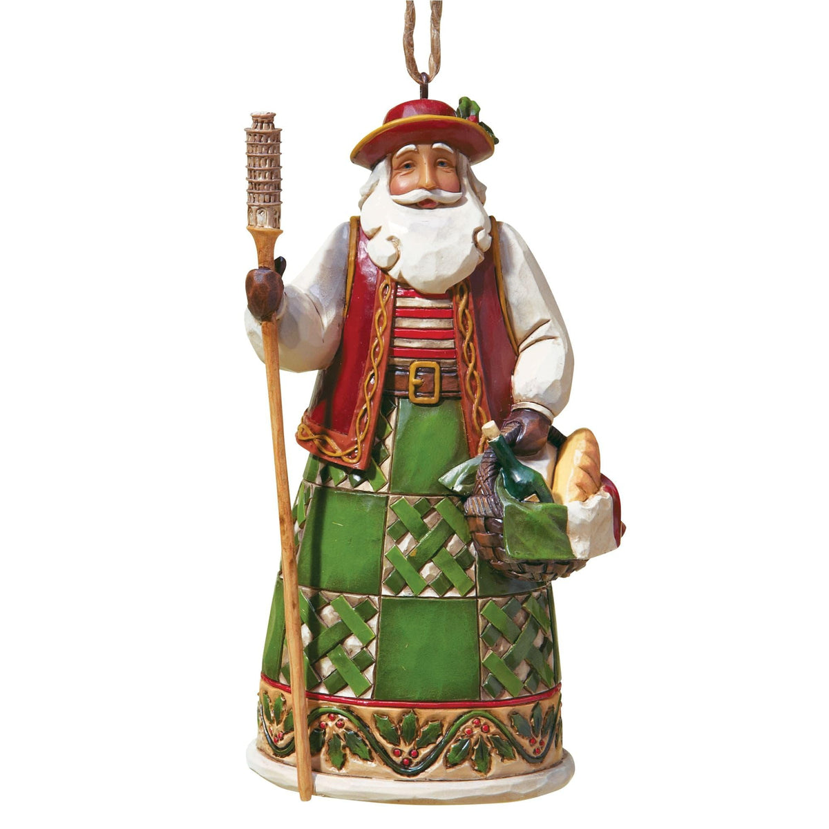 Enesco Jim Shore Italian Santa front view showing painted details and hanging loop, ideal collectible gift
