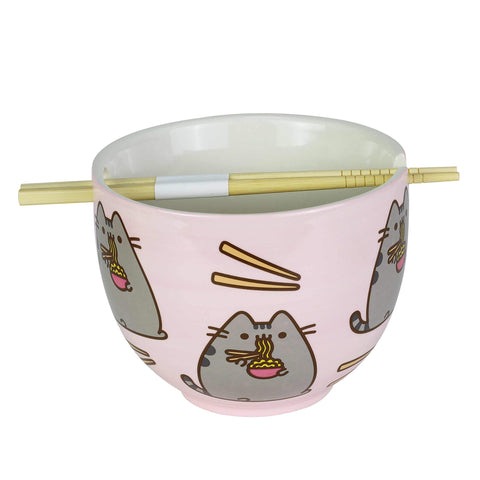 Enesco Pusheen bowl in use with noodles demonstrating capacity and convenience