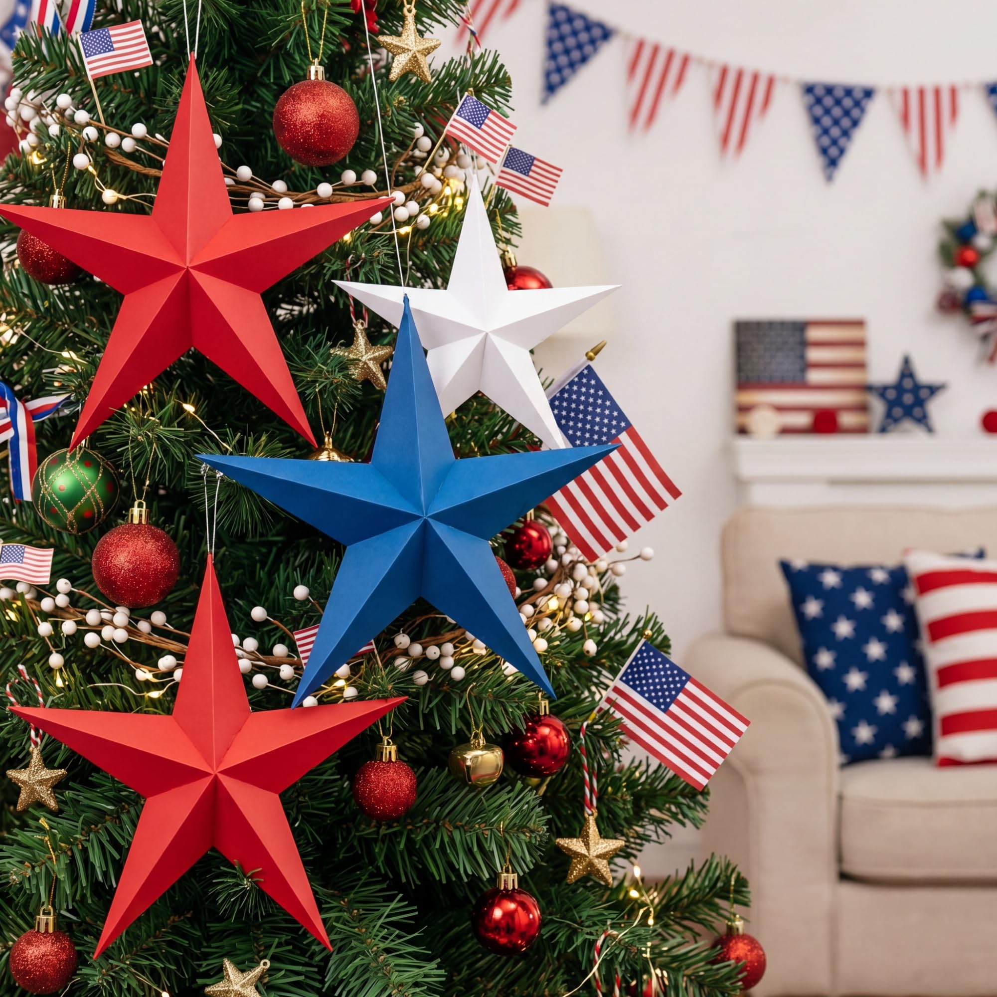 Engrowtic red star hanging on porch showing outdoor use benefit: festive curb appeal