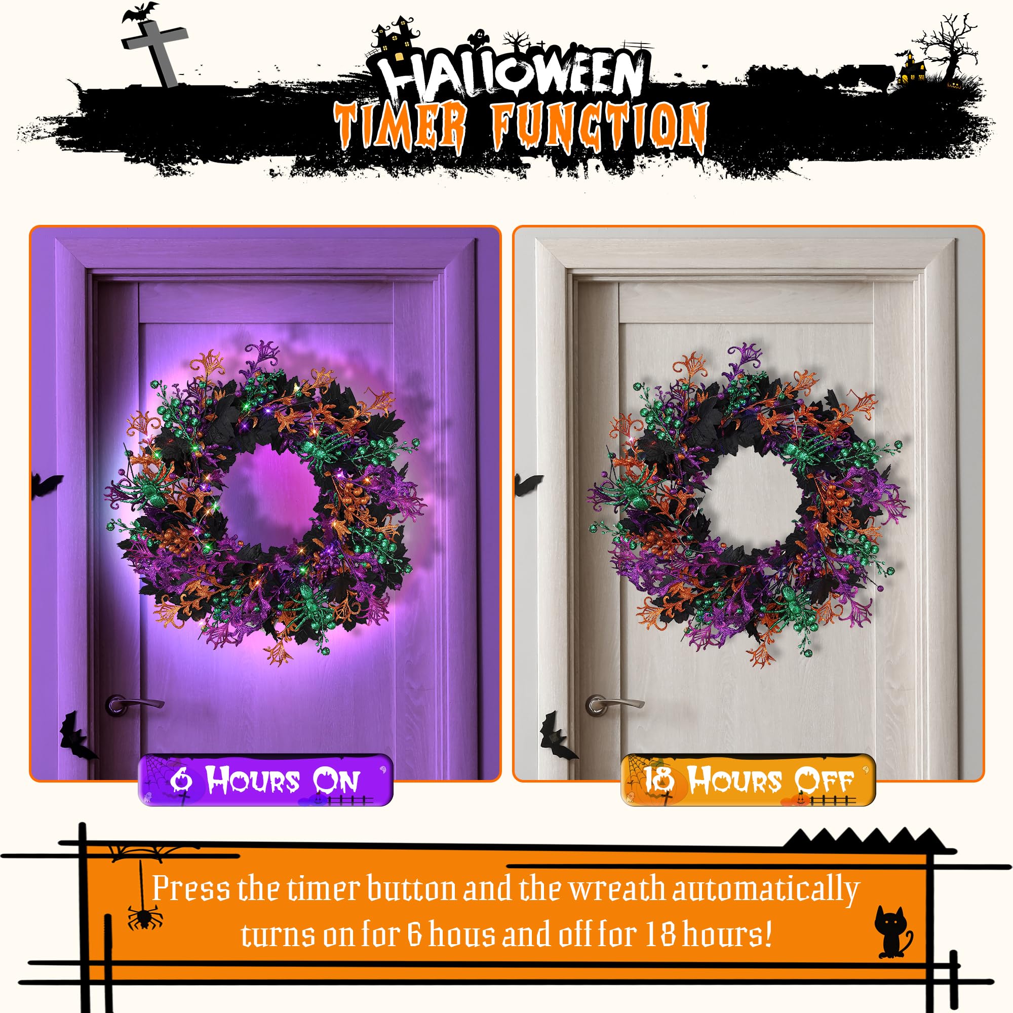 Enhon wreath above fireplace provides eerie seasonal focal point