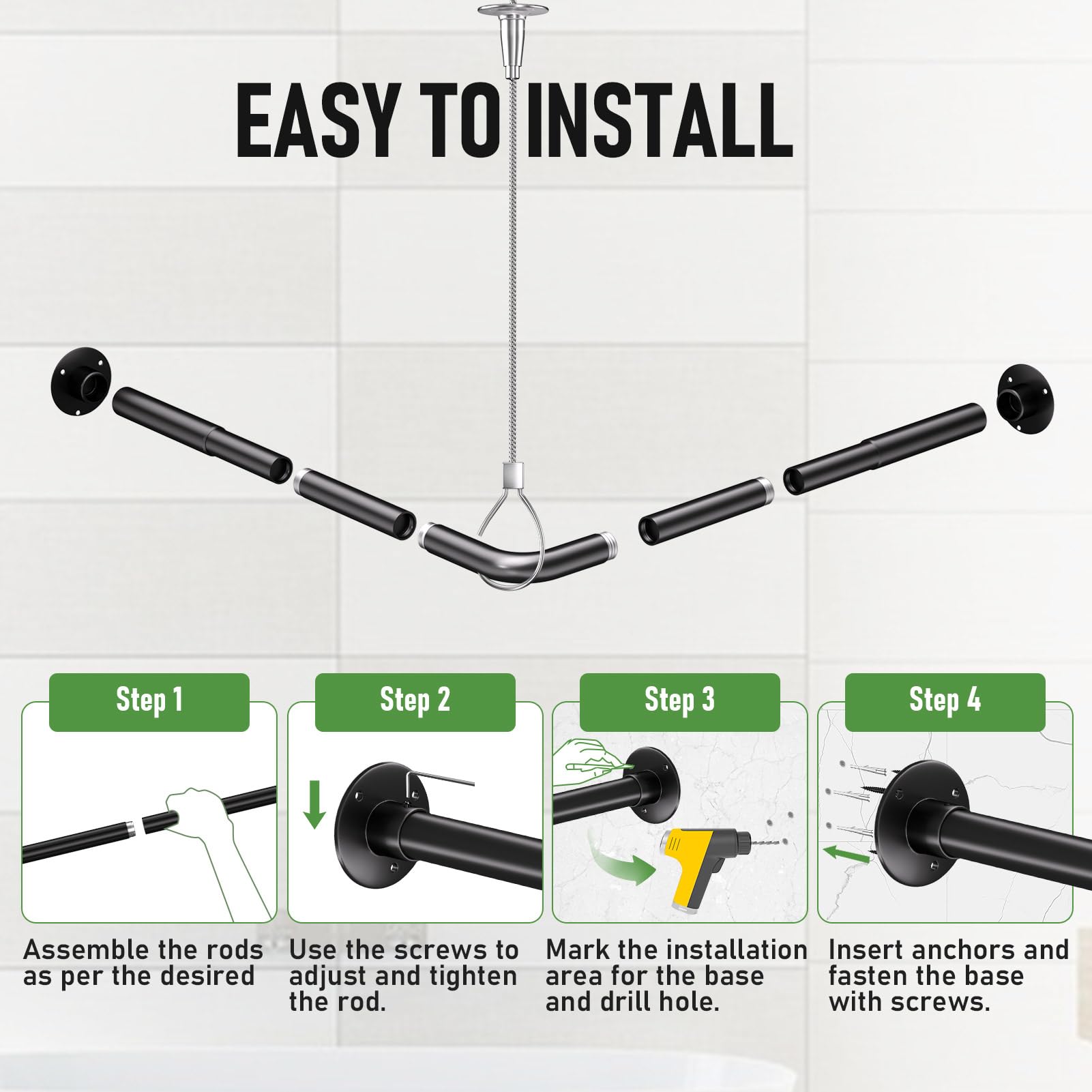 Enicvegw 12 metal ring hooks on rod showing smooth curtain movement advantage