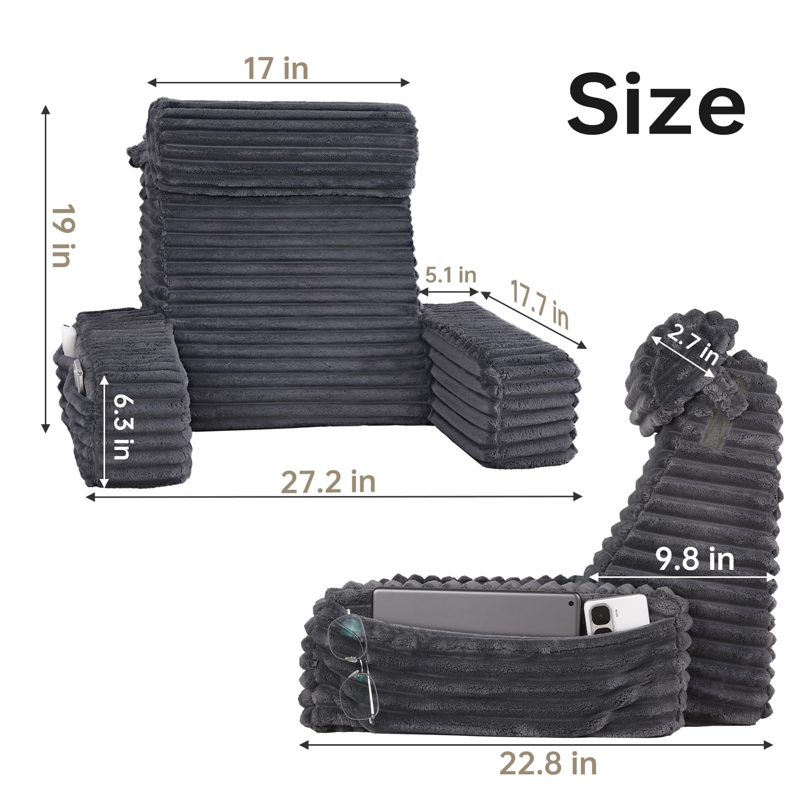 ENITYA detail of armrest and pocket illustrating support and convenient storage