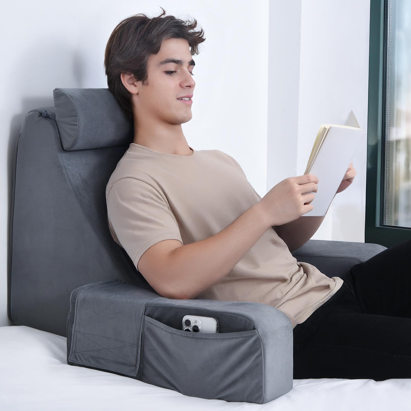 ENITYA front view of reading pillow showing full firm support and comfort