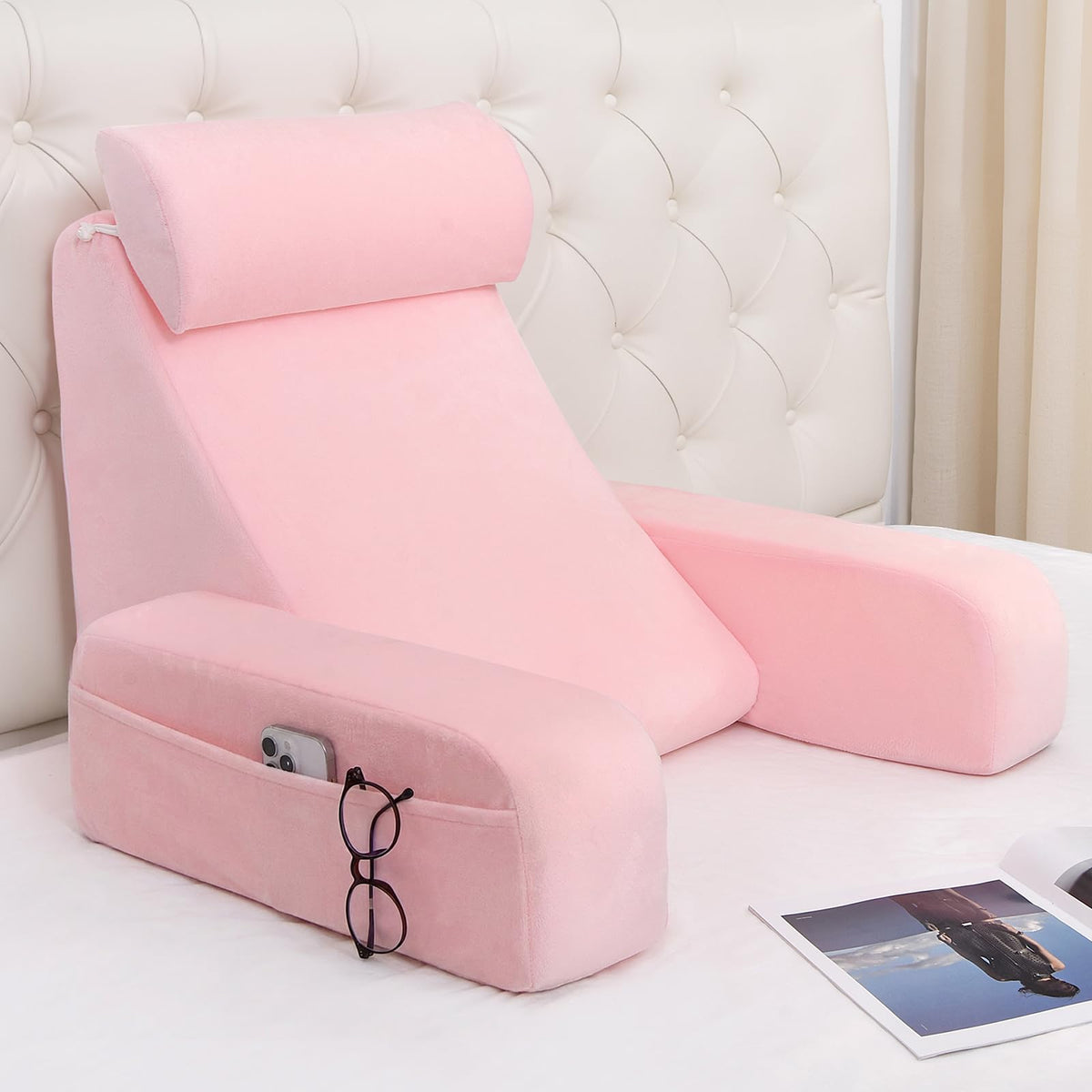 ENITYA front view reading pillow showing firm backrest and fixed arms for steady support