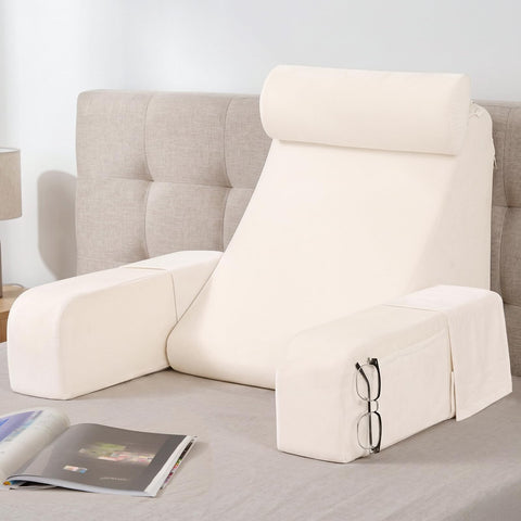 ENITYA front view of reading pillow showing firm back support and pockets