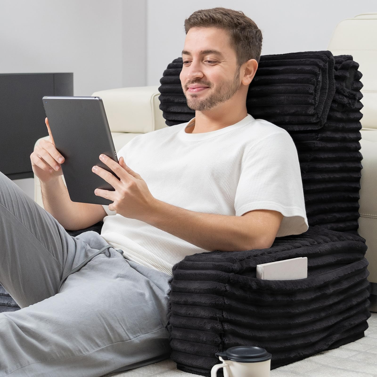 ENITYA front view of XXL back pillow highlighting ergonomic angle and armrests benefit comfort
