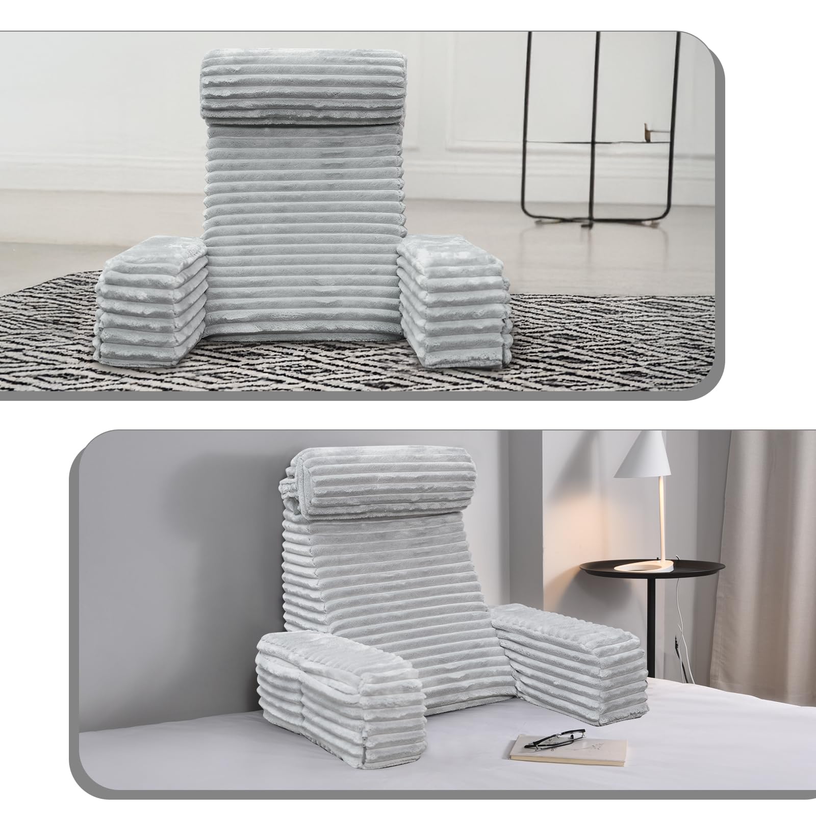 ENITYA pillow on bed with reader illustrating improved sitting posture