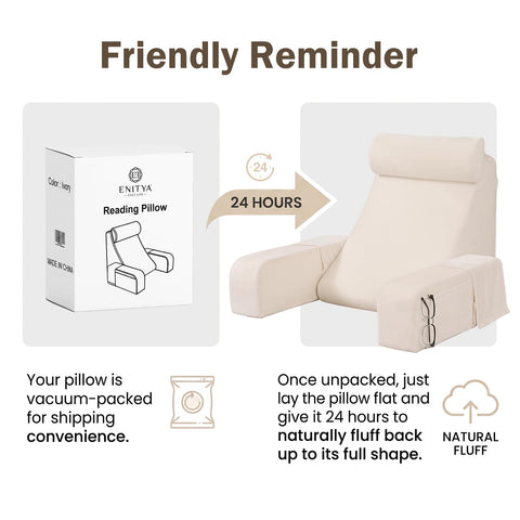 ENITYA in-use on bed while reading demonstrating stable upright posture
