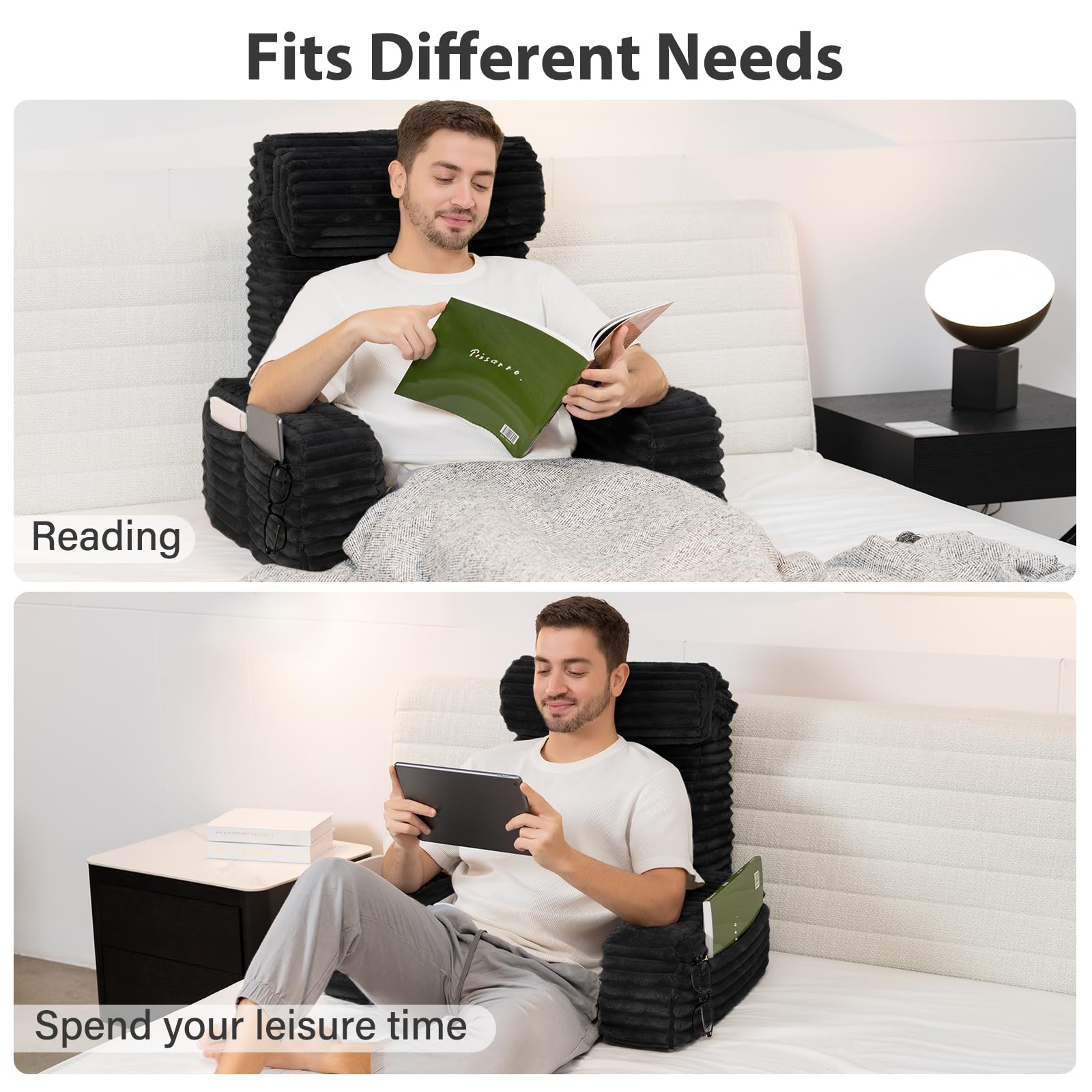 ENITYA in-use on bed with person reading demonstrating support and posture benefit