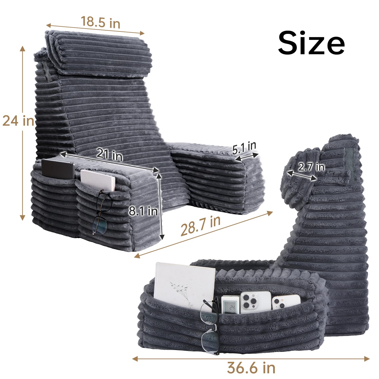 ENITYA pockets holding book, remote, and phone for easy access