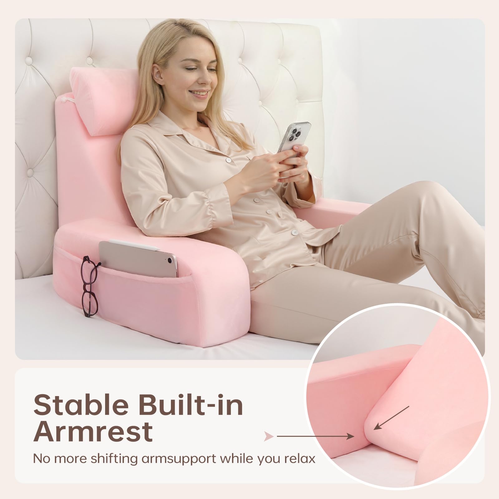 ENITYA pocket detail holding phone and remote for easy access and organized lounging