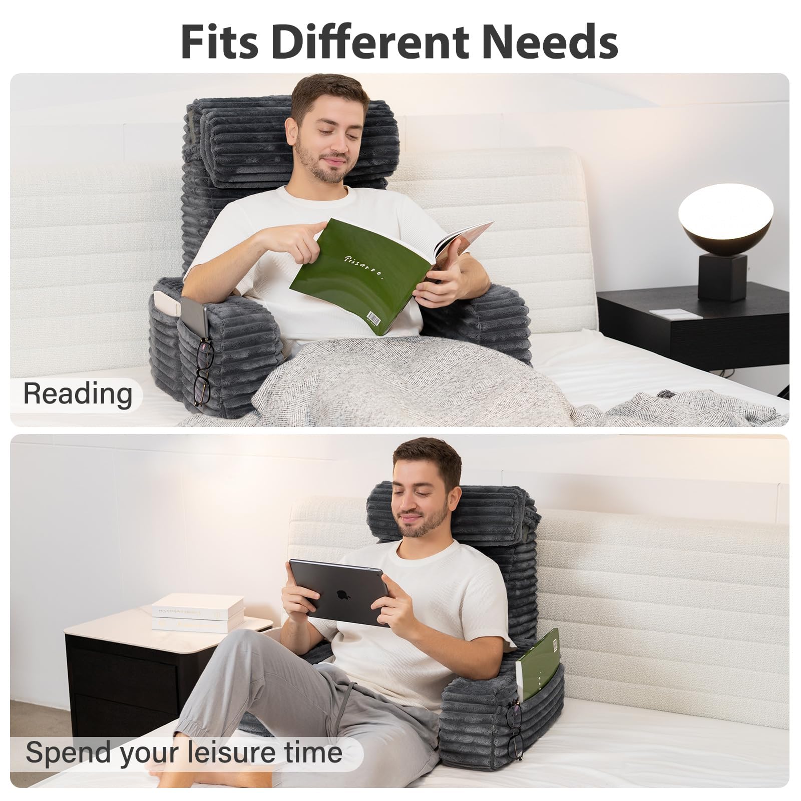 ENITYA pillow on bed showing scale and generous 24-inch width advantage