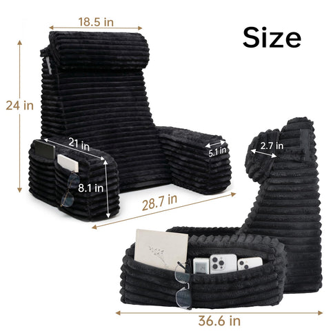 ENITYA side view showing armrest and large pocket keeping phone and remote handy benefit