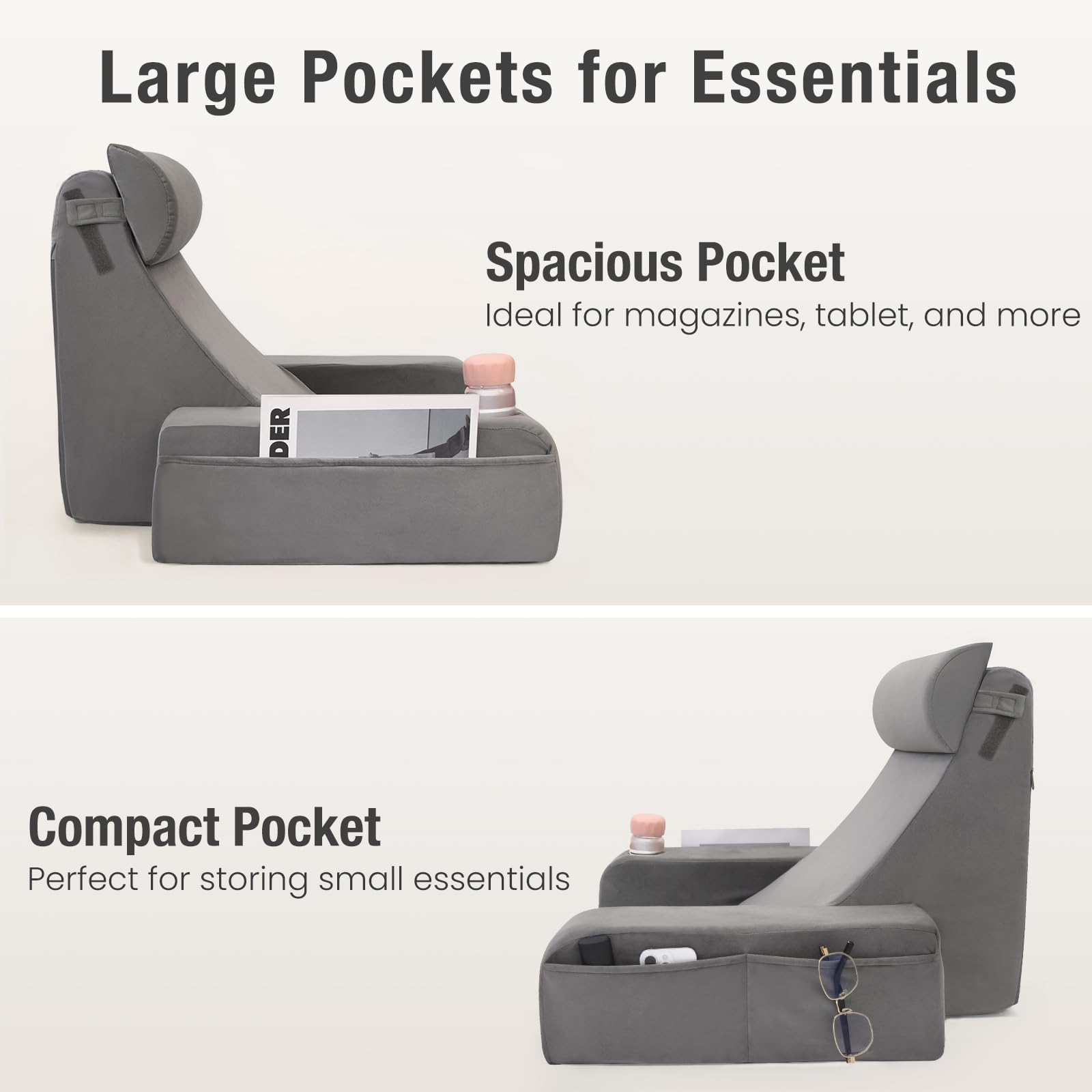 ENITYA side view displaying extra-large pocket storing phone and remote for convenience