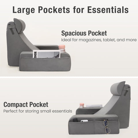 ENITYA side view displaying extra-large pocket storing phone and remote for convenience