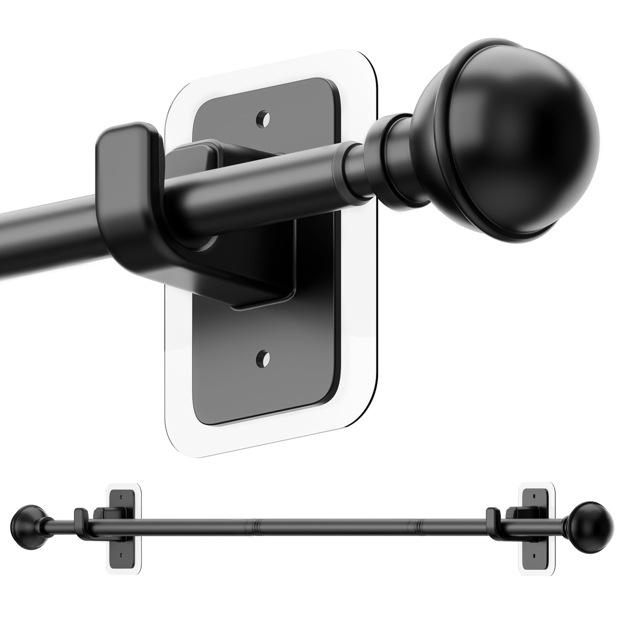 ENJOYBASICS front packaging showing adjustable no-drill curtain rod benefit