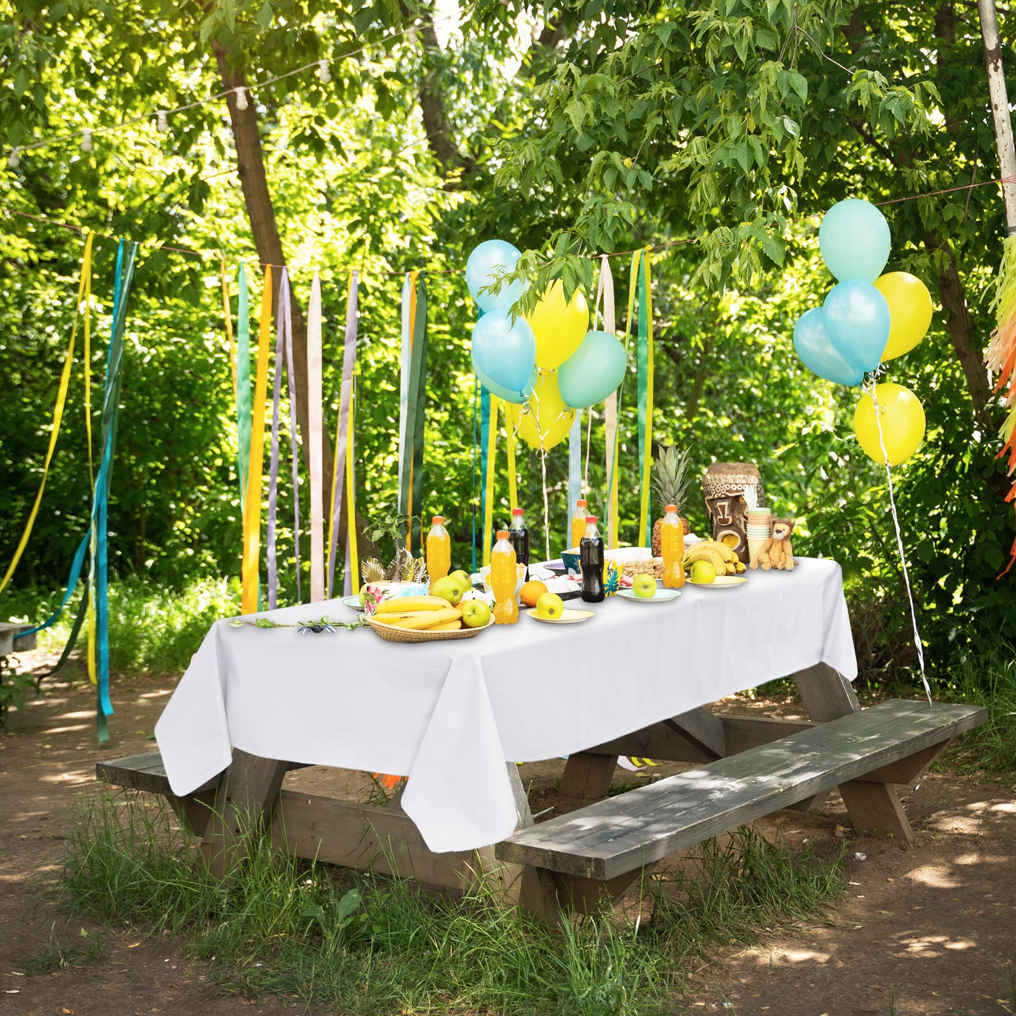 Enjoyidea folded tablecloth and label view showing compact storage and wrinkle-resistant care
