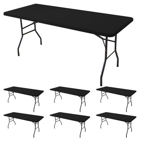 Enjoyidea front view of black fitted tablecloth showing tailored fit and smooth finish