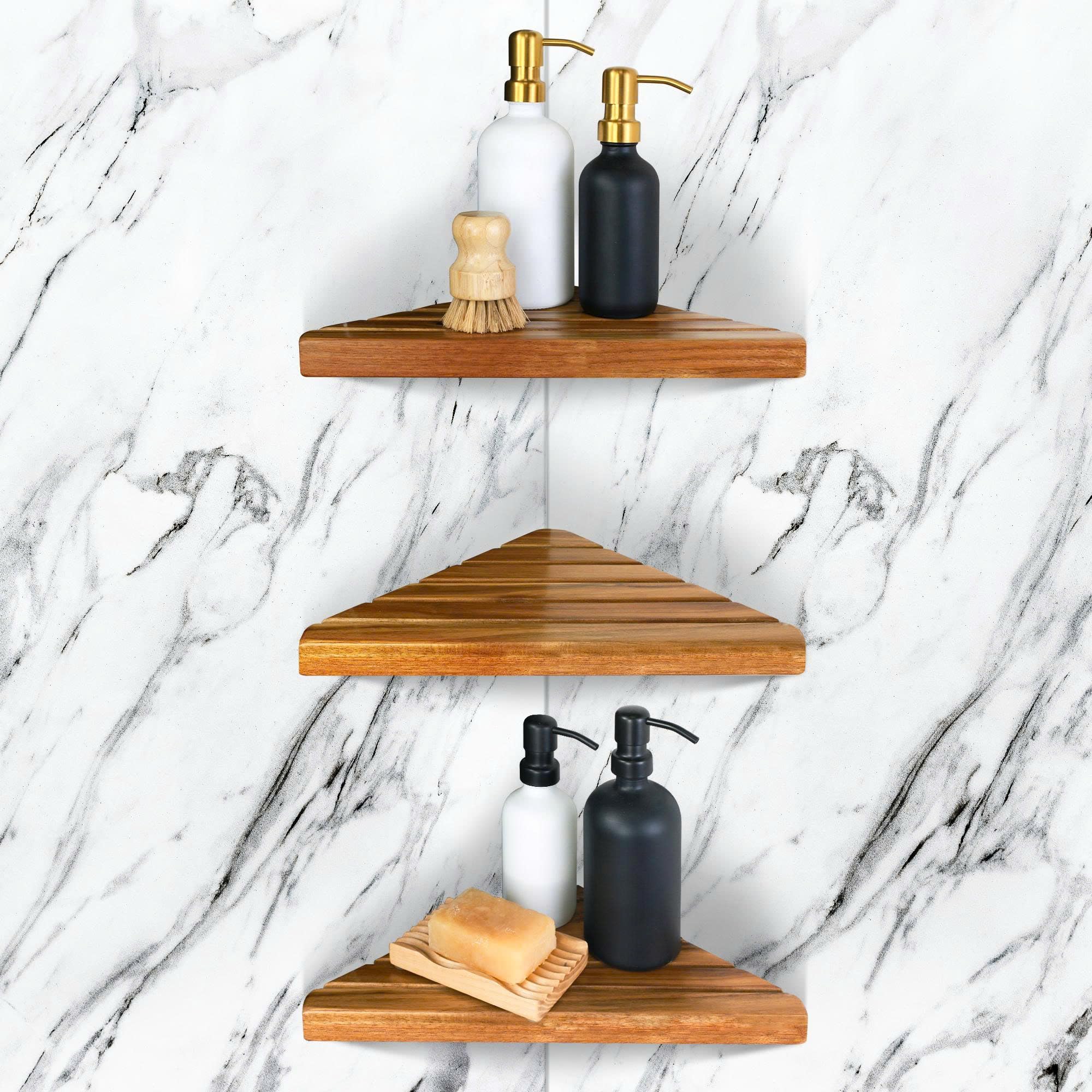 ENKEZI acacia shelf front view showing compact corner profile and neat storage benefit