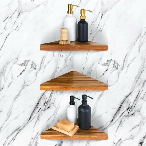 ENKEZI acacia shelf front view showing compact corner profile and neat storage benefit
