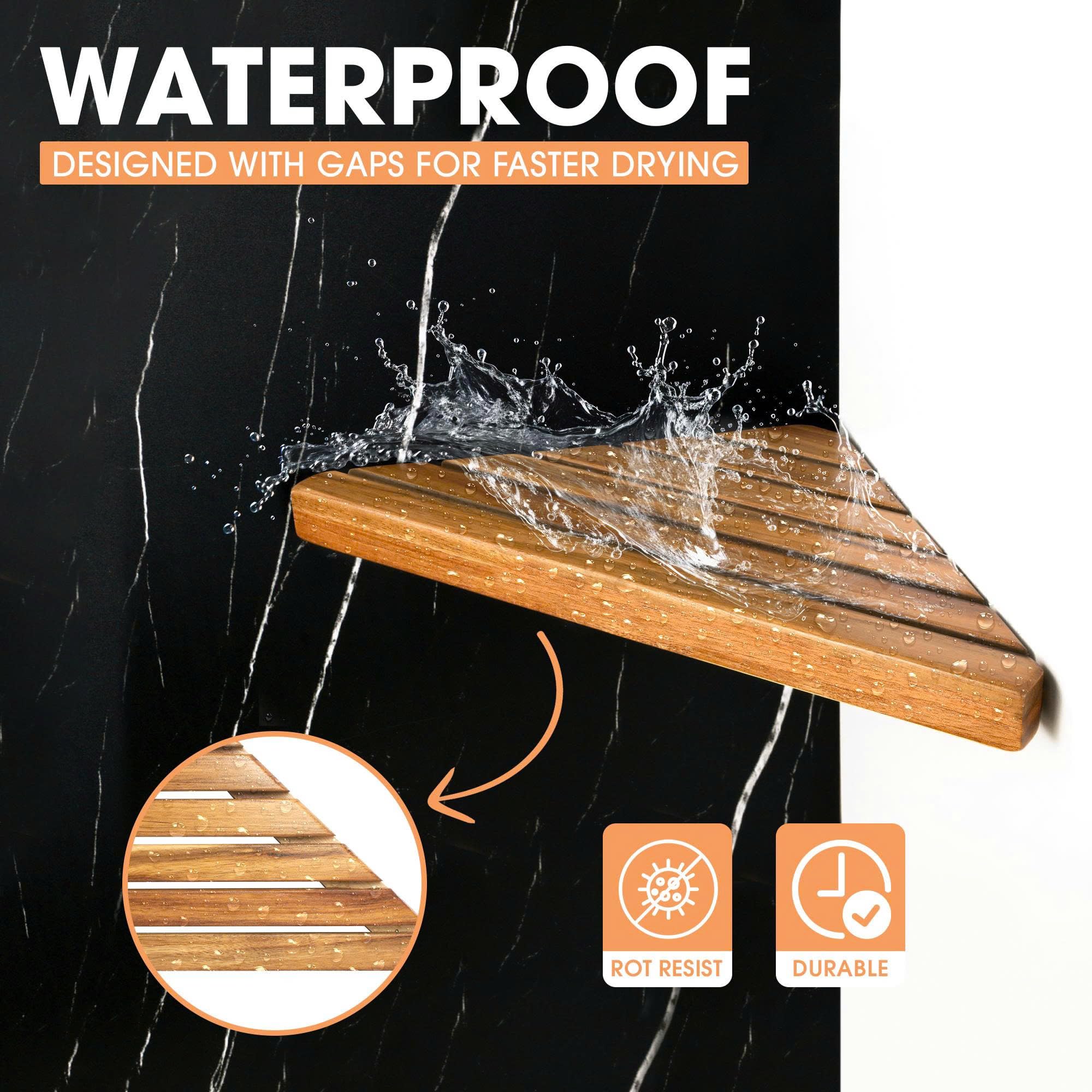 ENKEZI shelf mounted in shower demonstrating no-drill installation benefit