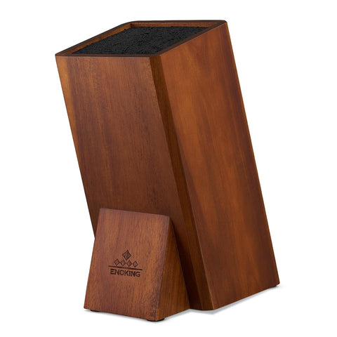 ENOKING acacia knife block front view showing elegant wood and neat storage benefit