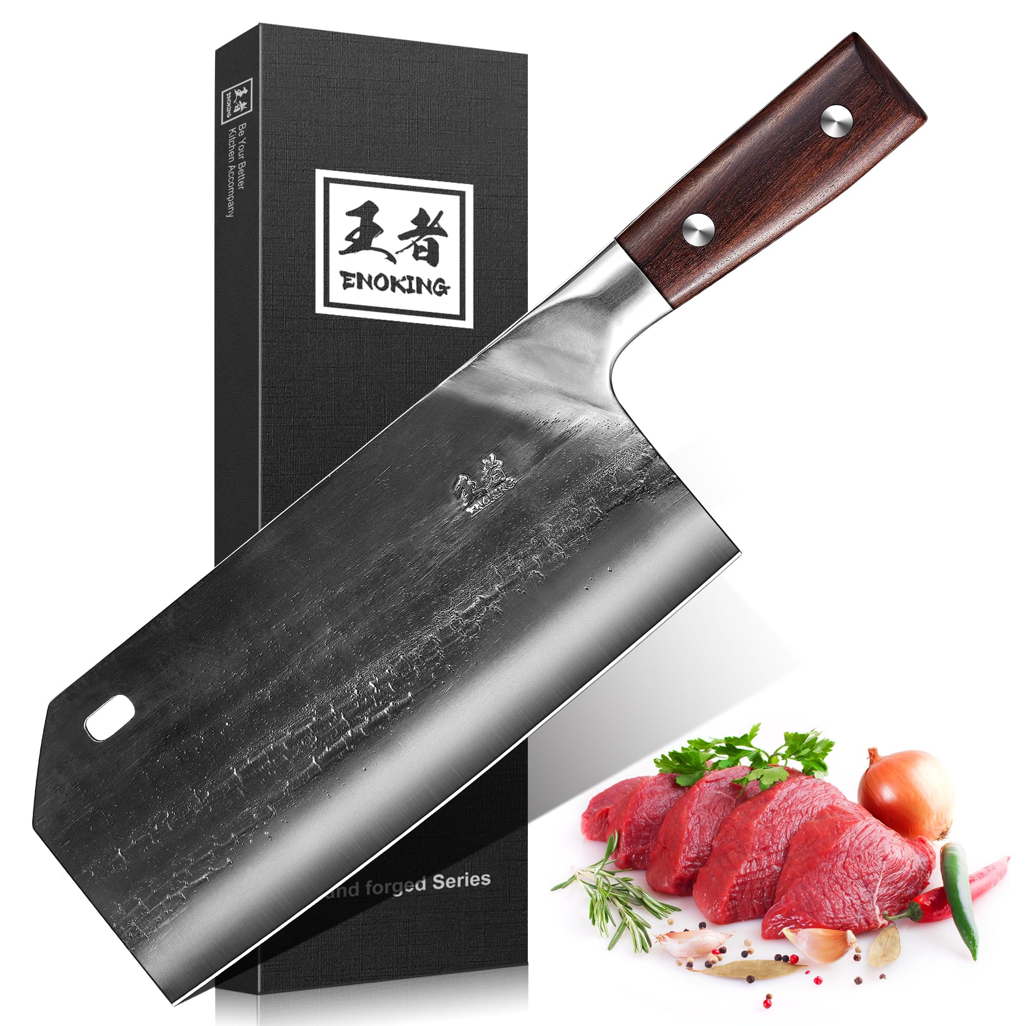 ENOKING cleaver front view showing full blade and balanced design benefit