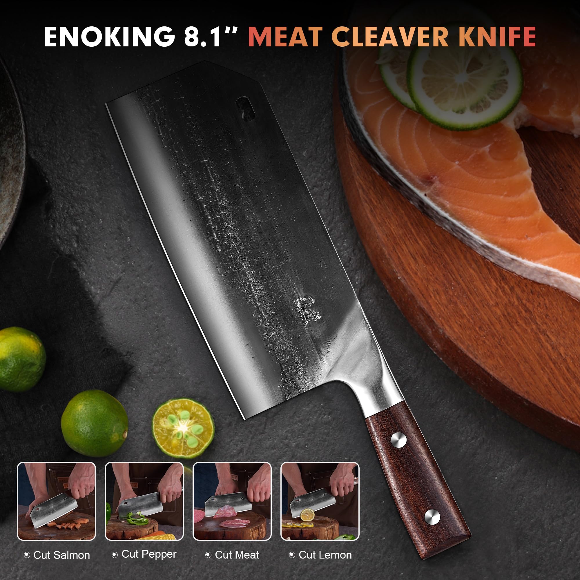 ENOKING cleaver on cutting board with ingredients showing versatile prep