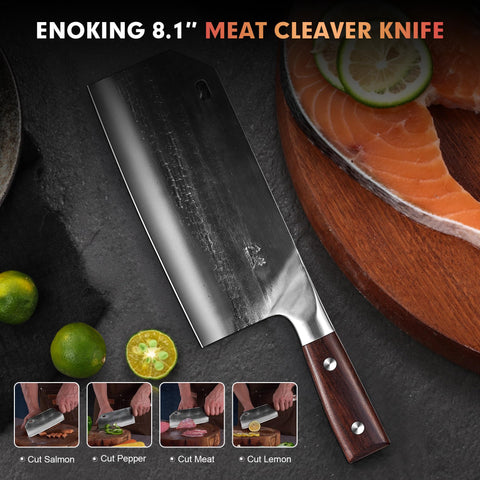 ENOKING cleaver on cutting board with ingredients showing versatile prep