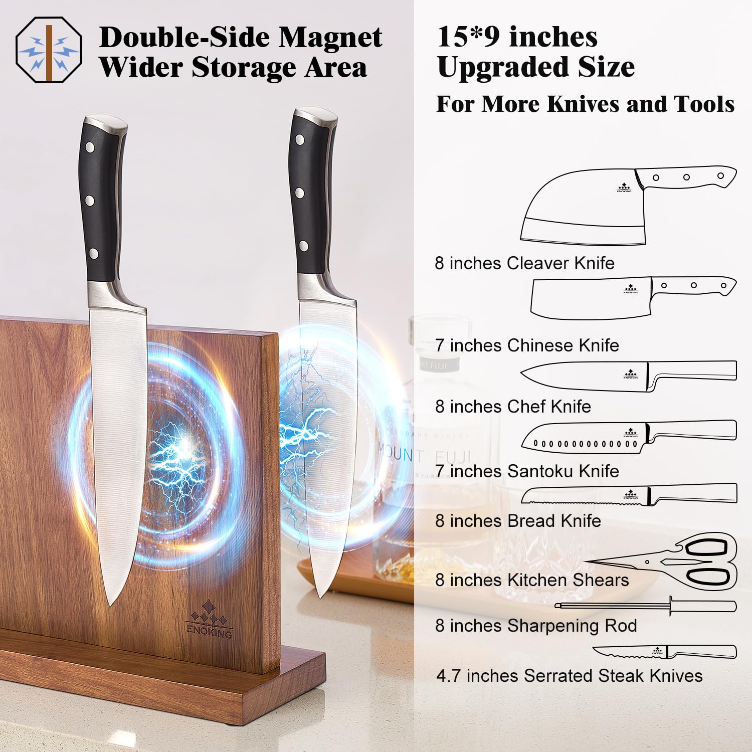 ENOKING close-up magnetic surface highlights wood grain and secure blade contact
