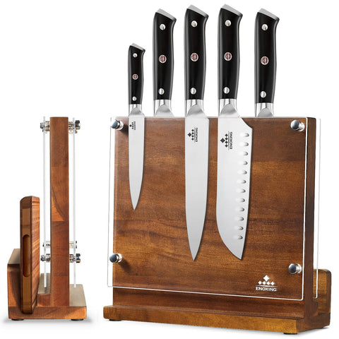 ENOKING front view of acacia wood knife block showing organized knives and benefit safe display