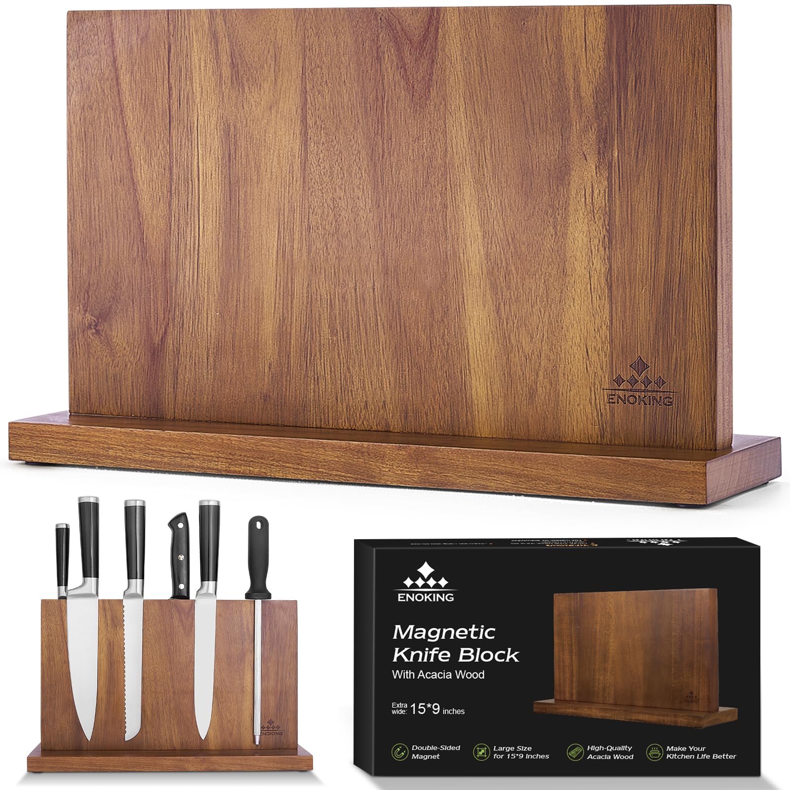 ENOKING front view acacia wood knife block shows storage and neat countertop organization
