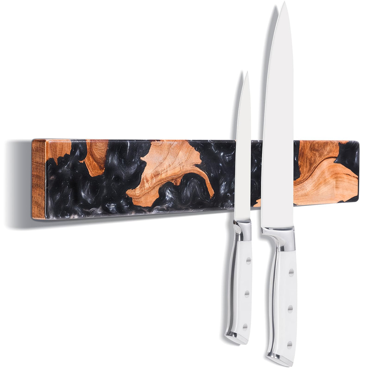 ENOKING front view of burl wood and black resin knife strip showing craftsmanship and storage benefit
