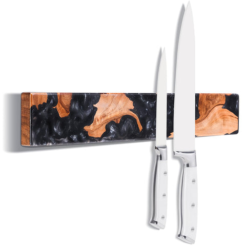 ENOKING front view of burl wood and black resin knife strip showing craftsmanship and storage benefit