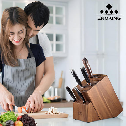 ENOKING knife block in kitchen lifestyle scene showing organized tools at hand