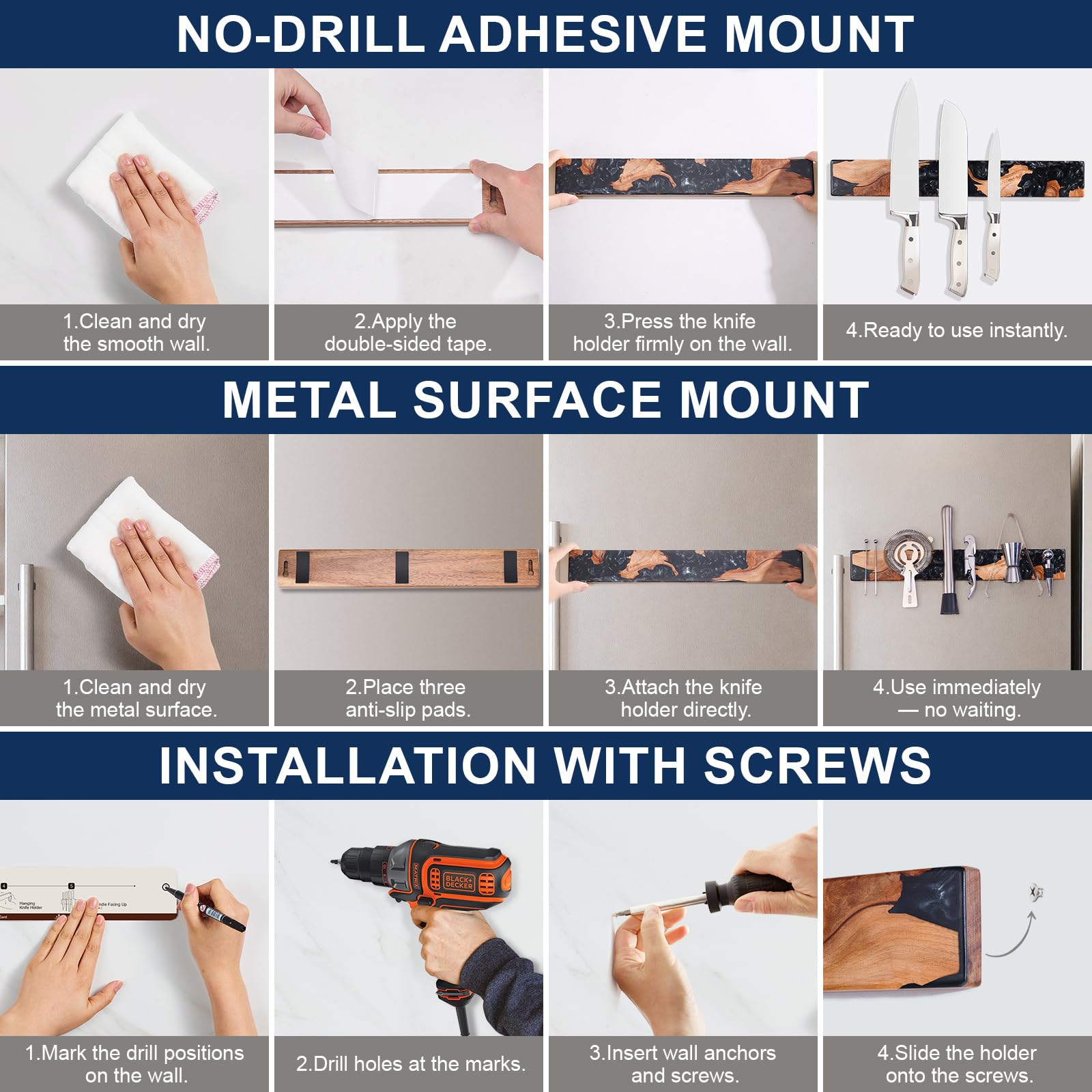 ENOKING mounting hardware laid out showing adhesive and screws for flexible installation benefit